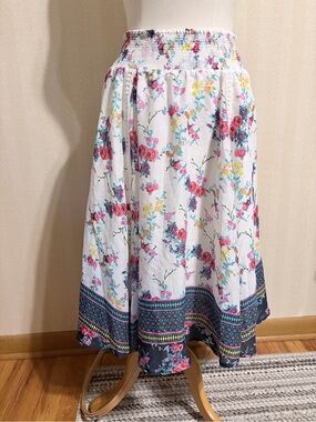Smocked Waist Floral Midi Skirt - White with Pink & Blue Flowers